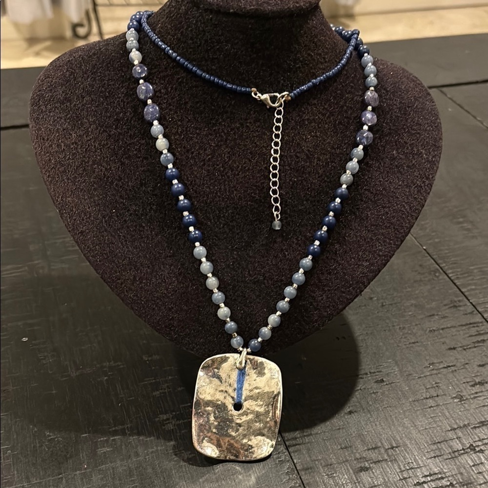 Gemstone Elegant Silver Hammered Pendant Blue Beaded Long Tribal Boho Necklace​